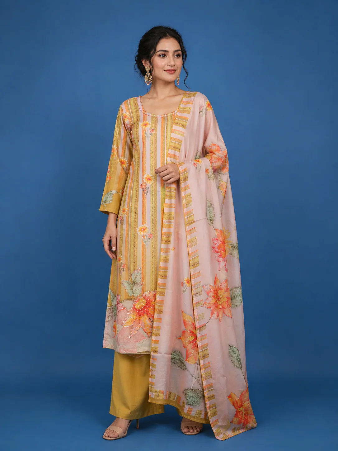 Mustard Floral Stripe Printed Cotton Salwar Suit